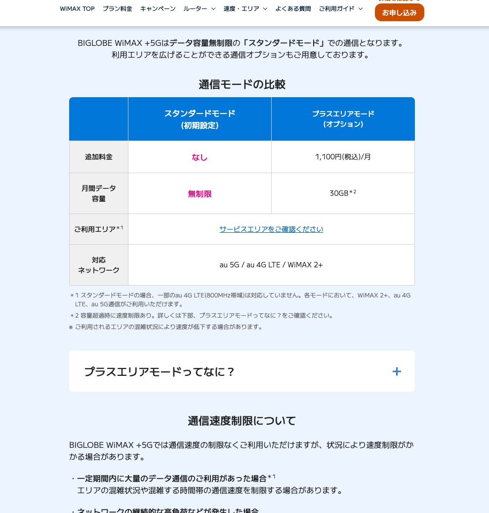 BIGLOBE WiMAX +5G公式の通信モード比較表。スタンダードモードは追加料金なしで月間データ容量が「無制限」、プラスエリアモードは月1,100円（税込）で30GBと記載されている