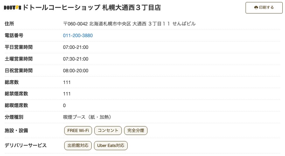 ドトールコーヒーショップ 札幌大通西3丁目店の公式店舗ページ。総席数111・総禁煙席数111で、施設・設備にFREE Wi-Fi／コンセント／完全分煙の記載がある