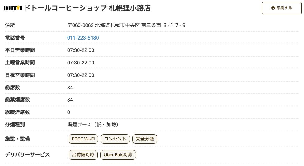 ドトールコーヒーショップ 札幌狸小路店の公式店舗ページ。平日・土曜・日祝すべて07:30-22:00で、施設・設備にFREE Wi-Fi／コンセント／完全分煙の記載がある
