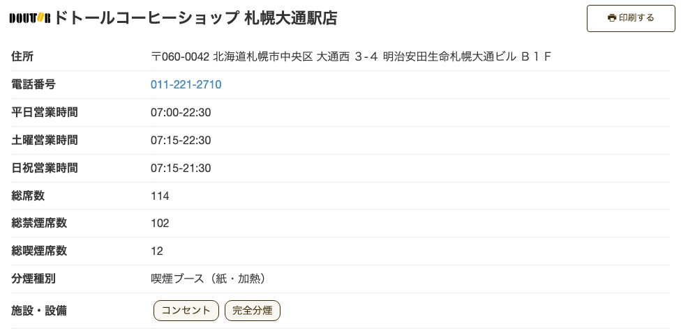 ドトールコーヒーショップ 札幌大通駅店の公式店舗ページ。施設・設備はコンセントと完全分煙のみで、FREE Wi-Fiのアイコンがない
