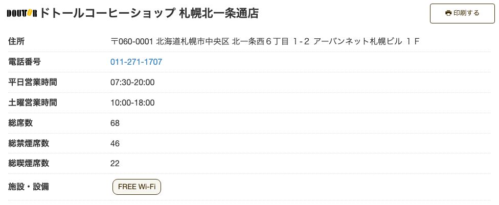 ドトールコーヒーショップ 札幌北一条通店の公式店舗ページ。日祝営業時間の欄がなく、施設・設備はFREE Wi-Fiのみでコンセントのアイコンがない