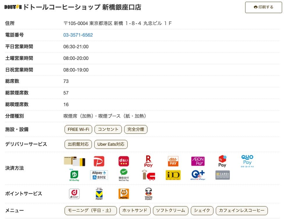 ドトールコーヒーショップ新橋銀座口店の公式店舗ページ。平日06:30-21:00、土曜08:00-20:00、日祝08:00-19:00、総席数73（禁煙57・喫煙16）、分煙種別は喫煙席（加熱）・喫煙ブース（紙・加熱）、施設・設備にFREE Wi-Fi・コンセント・完全分煙の表示