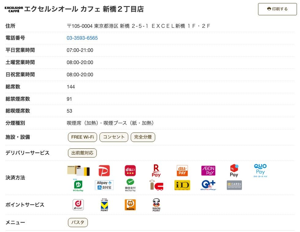 エクセルシオール カフェ新橋2丁目店の公式店舗ページ。平日07:00-21:00、土曜・日祝08:00-20:00、総席数144（禁煙91・喫煙53）、分煙種別は喫煙席（加熱）・喫煙ブース（紙・加熱）、施設・設備にFREE Wi-Fi・コンセント・完全分煙の表示