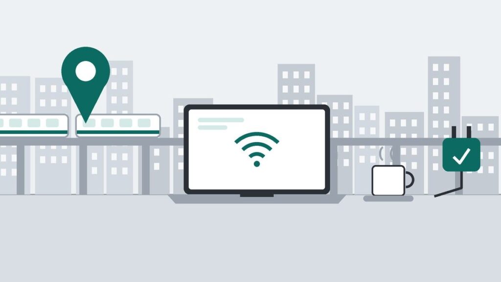 ビル街を走る高架の電車を背景に、机の上のノートPCにWi-Fiのマーク、コーヒーカップ、チェック印の付いた電源プラグ、地図のピンを描いたイラスト