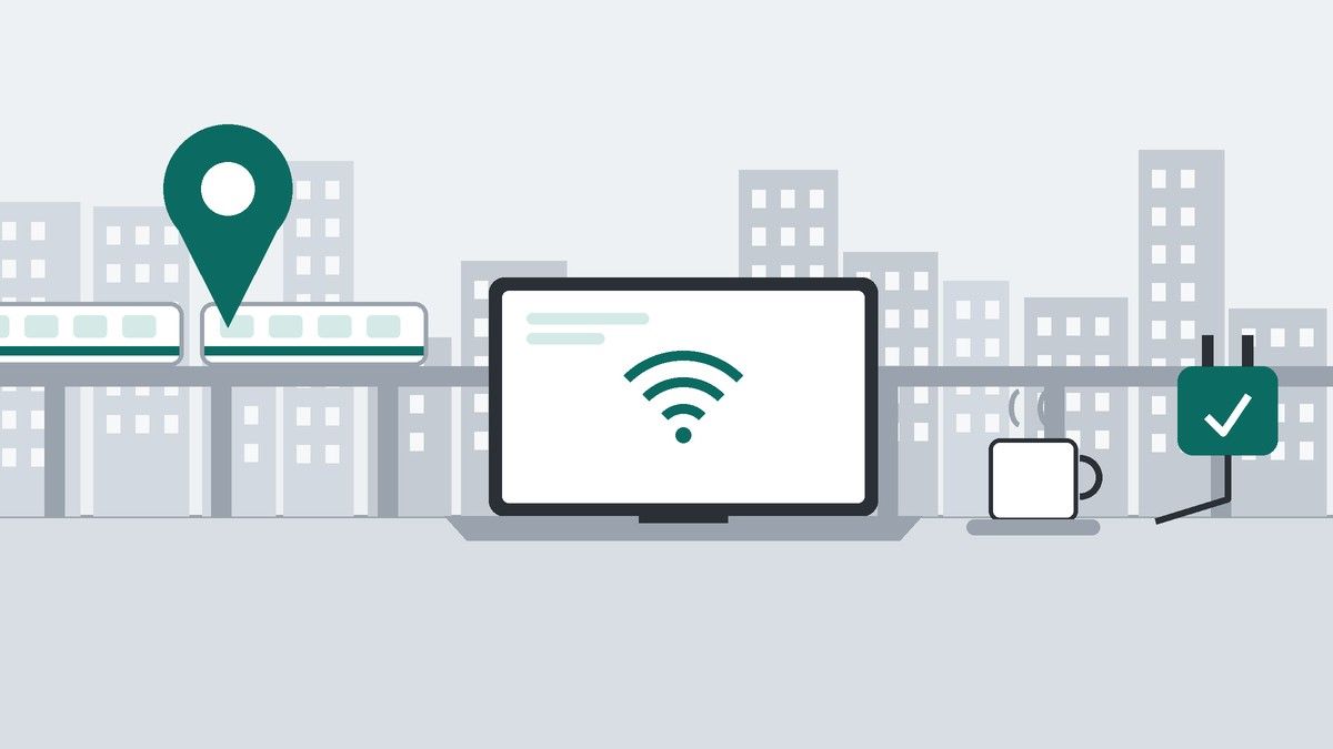 ビル街を走る高架の電車を背景に、机の上のノートPCにWi-Fiのマーク、コーヒーカップ、チェック印の付いた電源プラグ、地図のピンを描いたイラスト