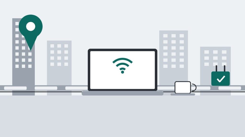 高架の線路とビル街を背景に、ノートPCのWi-Fiマーク、コーヒーカップ、チェック印の付いた電源プラグ、地図のピンを描いたイラスト