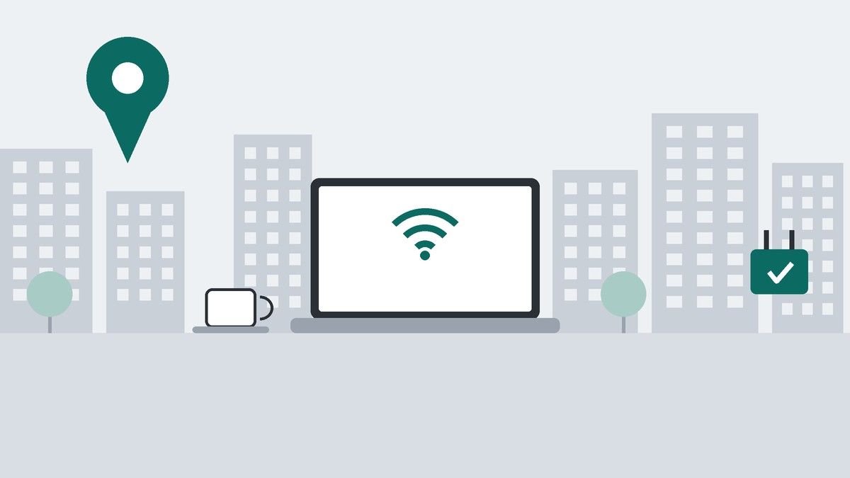 ビルが並ぶ街並みと地図のピンを背景に、Wi-Fiマークのノートパソコン、コーヒーカップ、電源プラグを描いたイラスト