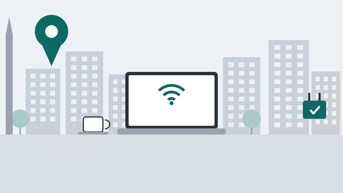 細長い塔とビル街を背景に、Wi-Fiマークのノートパソコン、コーヒーカップ、電源プラグ、地図のピンを描いたイラスト