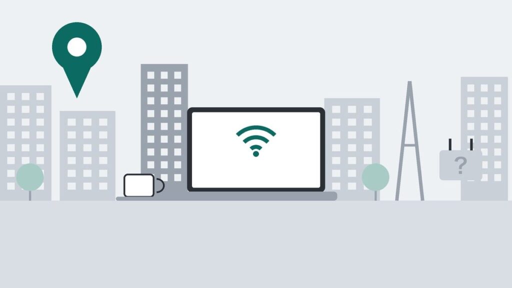 高いビルと鉄塔を背景に、ノートPCとコーヒーカップ、「?」の付いた電源プラグ、地図のピンを描いたイラスト