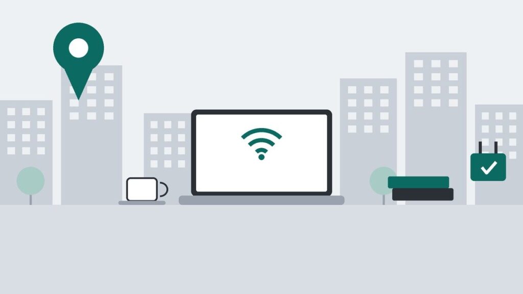 ビルが並ぶ街並みと地図のピンを背景に、ノートPCのWi-Fiマーク、コーヒーカップ、積んだ本、電源プラグを描いたイラスト