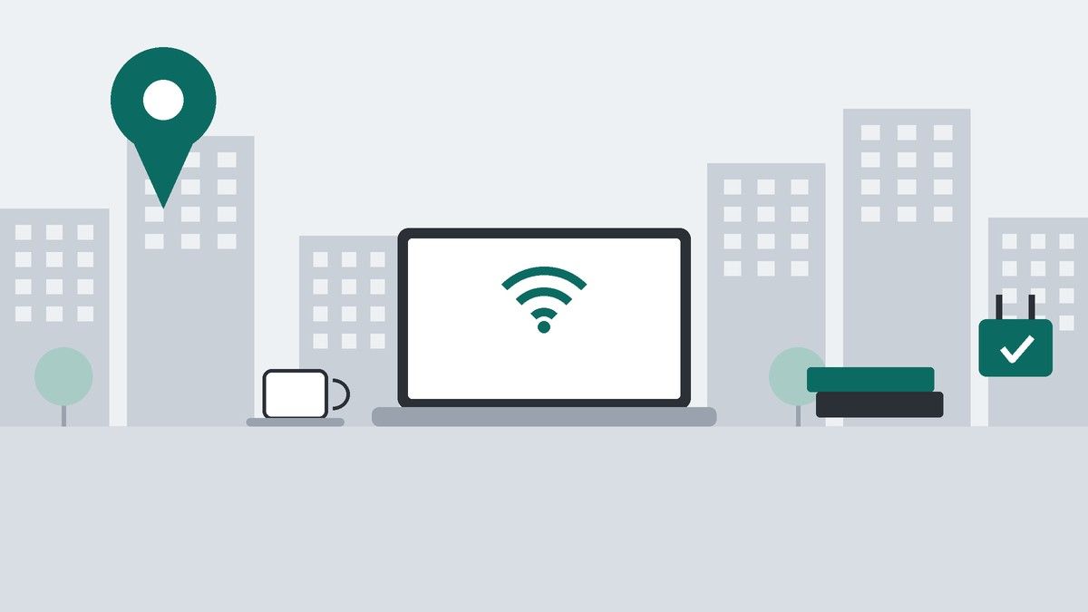 ビルが並ぶ街並みと地図のピンを背景に、ノートPCのWi-Fiマーク、コーヒーカップ、積んだ本、電源プラグを描いたイラスト