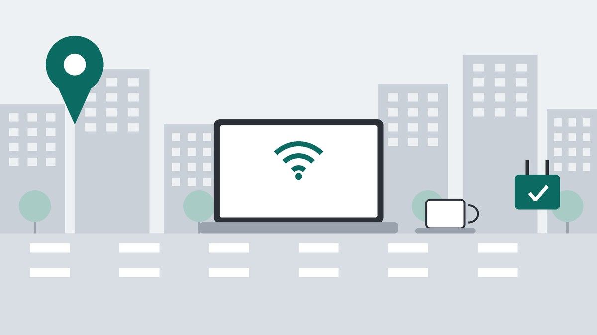 横断歩道とビル街を背景に、ノートPCのWi-Fiマーク、コーヒーカップ、チェック印の付いた電源プラグ、地図のピンを描いたイラスト