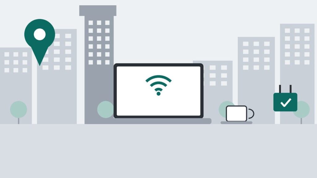 高層ビルが並ぶ街並みを背景に、ノートPCのWi-Fiマーク、コーヒーカップ、チェック印の付いた電源プラグ、地図のピンを描いたイラスト