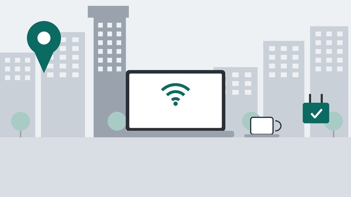 高層ビルが並ぶ街並みを背景に、ノートPCのWi-Fiマーク、コーヒーカップ、チェック印の付いた電源プラグ、地図のピンを描いたイラスト