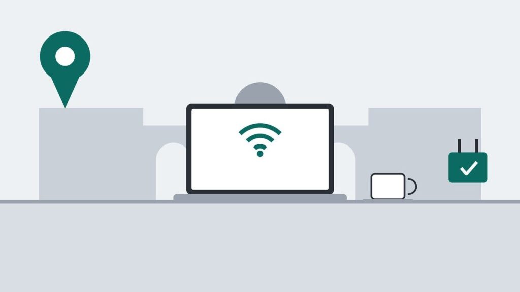 アーチ窓のある駅舎風の建物を背景に、ノートPCのWi-Fiマーク、コーヒーカップ、チェック印の付いた電源プラグ、地図のピンを描いたイラスト