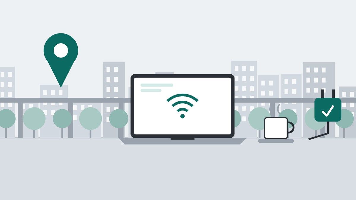 高架の線路と並木のある街並みを背景に、机の上のノートPCにWi-Fiのマーク、コーヒーカップ、チェック印の付いた電源プラグ、地図のピンを描いたイラスト