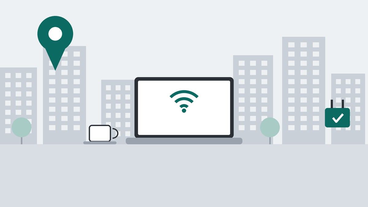 ビルが並ぶ街並みと地図のピンを背景に、Wi-Fiマークのノートパソコン、コーヒーカップ、電源プラグを描いたイラスト