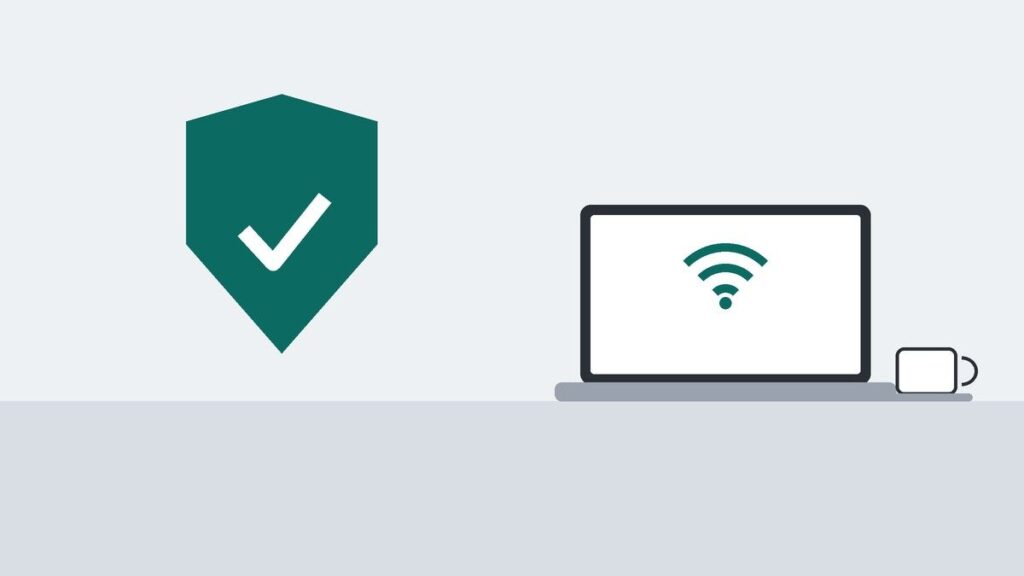 チェックマークの入った盾と、Wi-Fiマークを表示したノートPC、コーヒーカップを描いたイラスト