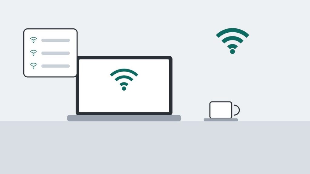 Wi-Fiの接続先一覧のカードと、Wi-Fiマークを表示したノートPC、コーヒーカップを描いたイラスト