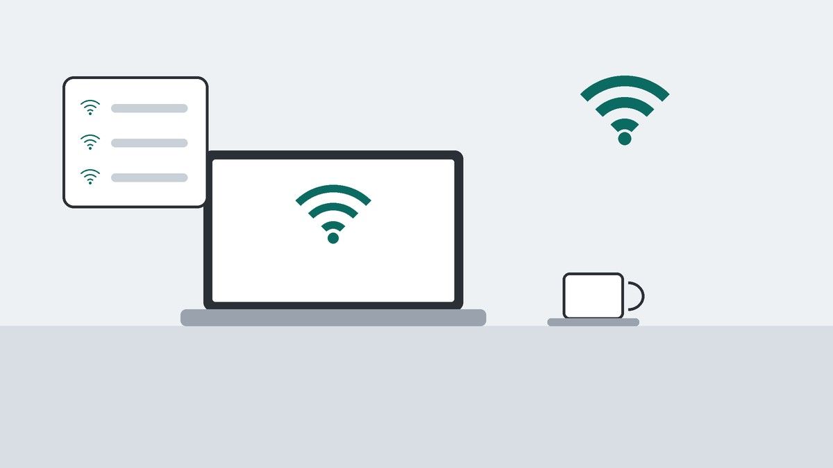Wi-Fiの接続先一覧のカードと、Wi-Fiマークを表示したノートPC、コーヒーカップを描いたイラスト
