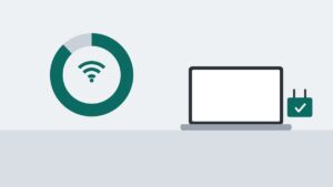 Wi-Fiマークの入ったドーナツ状のグラフと、ノートPC、チェック印の付いた電源プラグを描いたイラスト