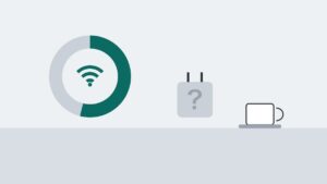 Wi-Fi設置率を示すドーナツ状のグラフと、電源の情報が不明であることを示す「?」付きのプラグ、コーヒーカップを描いたイラスト