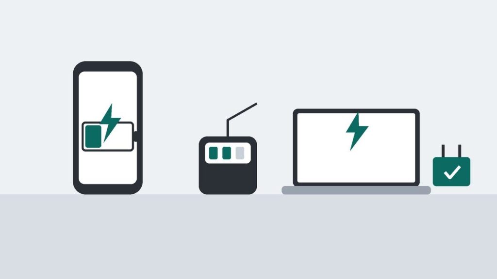 スマートフォンの充電マークとモバイルバッテリー、ノートPC、チェック印の付いた電源プラグを描いたイラスト