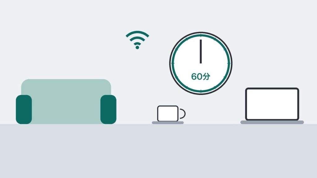 ソファ席と「60分」を示す時計、コーヒーカップ、ノートPC、Wi-Fiマークを描いたイラスト