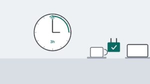 3時間を示す時計とWi-Fiマーク、コーヒーカップ、チェック印の付いた電源プラグ、ノートPCを描いたイラスト