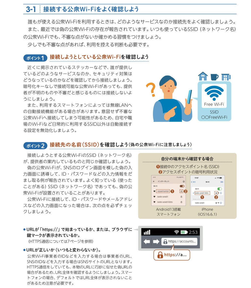 総務省「公衆Wi-Fi利用者向け 簡易マニュアル（令和7年2月版）」3-1「接続する公衆Wi-Fiをよく確認しよう」。ポイント1（ステッカー等で提供者とサービスを確認、日常的に使うSSID以外の自動接続を無効化）、ポイント2（SSIDが提供者の案内と同じか確認、URLがhttps://で始まっているか・正しいかを確認）
