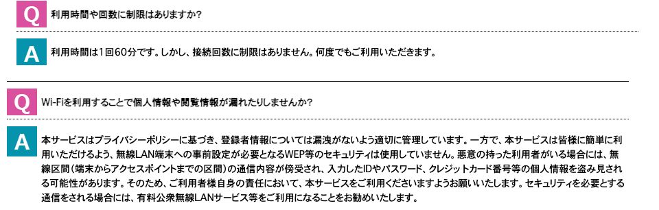 品川区のSHINAGAWA FREE Wi-Fiのよくあるお問合せ。利用時間は1回60分で接続回数に制限はないこと、WEP等のセキュリティは使用しておらず通信内容が傍受される可能性があることが書かれている