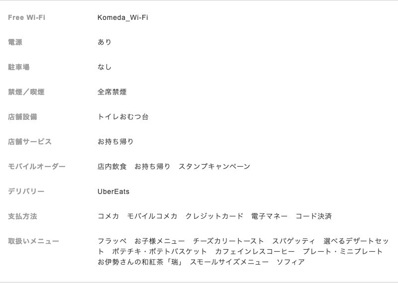 コメダ珈琲店 自由が丘メープル通り店の公式店舗詳細情報。Free Wi-FiはKomeda_Wi-Fi、電源はあり、全席禁煙と表示されている