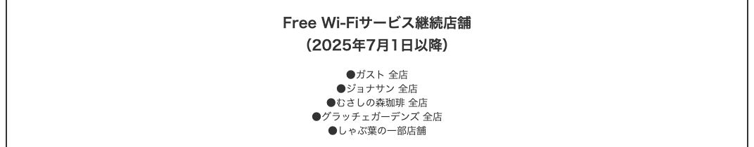 すかいらーくグループ公式Free Wi-Fiページに掲載されている、2025年7月1日以降の継続店舗