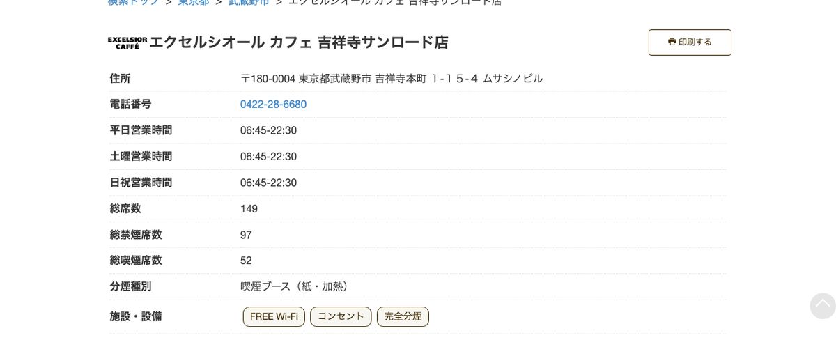 エクセルシオール カフェ吉祥寺サンロード店の公式店舗ページ。全日6:45〜22:30、総席数149、施設・設備にFREE Wi-Fiとコンセントが表示されている