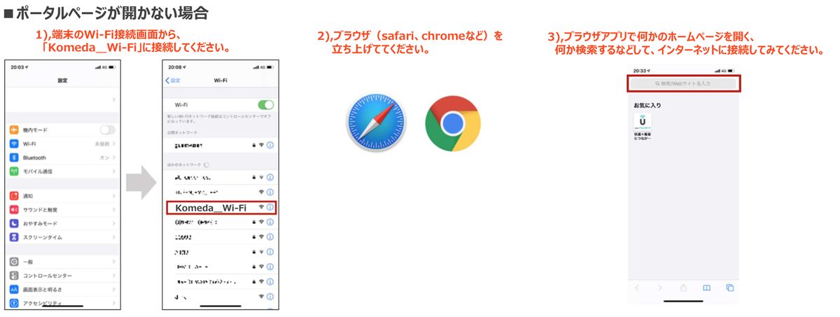 コメダ公式Komeda_Wi-Fi接続ガイドの「ポータルページが開かない場合」の3手順