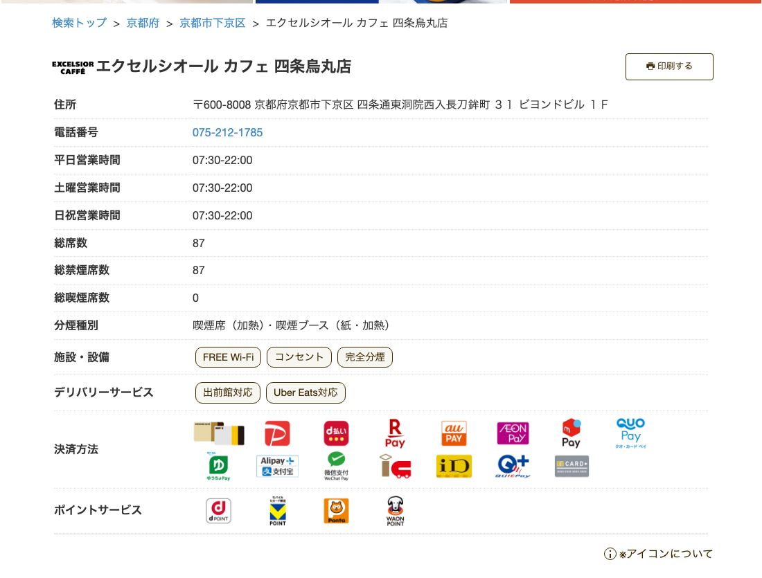 エクセルシオール カフェ四条烏丸店の公式店舗ページ。住所(四条通東洞院西入長刀鉾町31 ビヨンドビル1F)、平日・土曜・日祝すべて07:30-22:00、総席数87(総禁煙席数87・総喫煙席数0)、分煙種別「喫煙席(加熱)・喫煙ブース(紙・加熱)」、施設・設備にFREE Wi-Fi・コンセント・完全分煙の表示