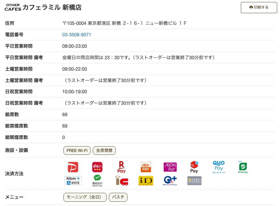 カフェラミル新橋店の公式店舗ページ。平日08:00-23:00（金曜日の閉店時間は23:30、ラストオーダーは営業終了30分前）、土曜09:00-22:00、日祝10:00-19:00、総席数69（禁煙69・喫煙0）、施設・設備はFREE Wi-Fiと全席禁煙のみ