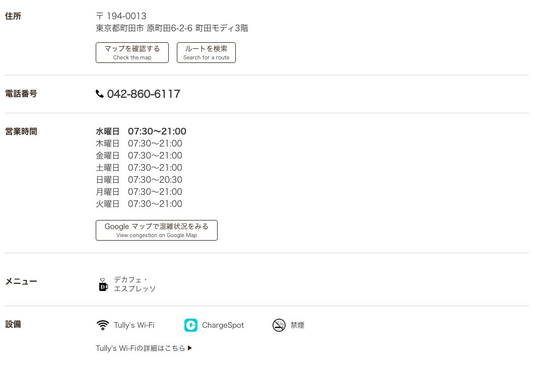 タリーズコーヒー町田モディ店の公式店舗ページ。住所(原町田6-2-6 町田モディ3階)、営業時間は水曜から土曜・月曜・火曜が07:30〜21:00、日曜が07:30〜20:30、メニュー欄にデカフェ・エスプレッソ、設備欄にTully's Wi-Fi・ChargeSpot・禁煙の表示