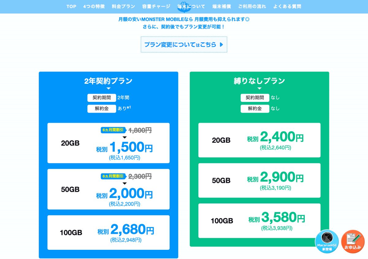 モンスターモバイル公式の料金プラン。2年契約プランは契約期間2年間・解約金あり、縛りなしプランは契約期間なし・解約金なし。縛りなしプランは20GB 2,640円、50GB 3,190円、100GB 3,938円(税込)と記載されている