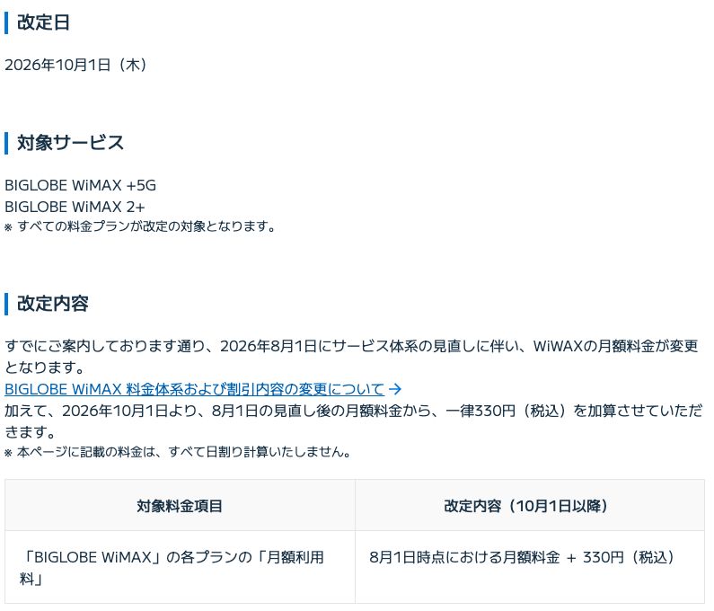 BIGLOBE会員サポートの「BIGLOBE WiMAX +5G / WiMAX 2+ サービス 月額料金改定のお知らせ」（2026年7月1日掲載）。改定日は2026年10月1日（木）、すべての料金プランが対象で、8月1日時点の月額料金に一律330円（税込）を加算すると記載されている