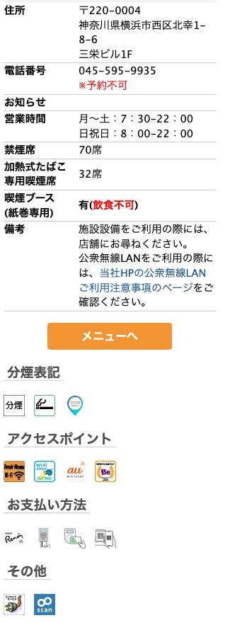 喫茶室ルノアール横浜西口北幸店の公式店舗ページ。営業時間（月〜土7:30-22:00／日祝8:00-22:00）、禁煙席70席、加熱式たばこ専用喫煙席32席、アクセスポイント欄と「その他」欄の電源サービスの記載