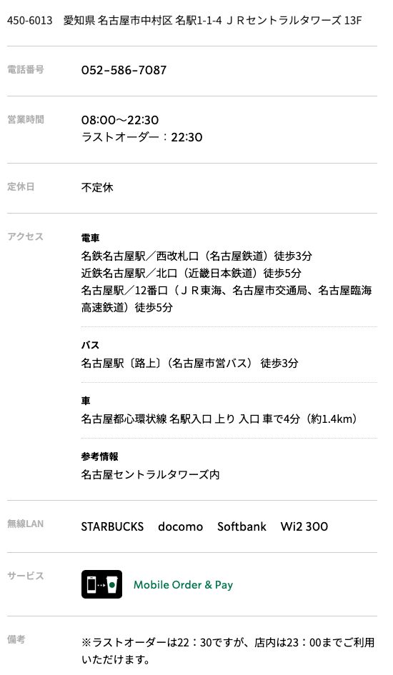 スターバックスコーヒー名古屋JRセントラルタワーズ店の公式店舗ページ。営業時間08:00〜22:30、備考欄の「※ラストオーダーは22:30ですが、店内は23:00までご利用いただけます。」、無線LANはSTARBUCKS・docomo・Softbank・Wi2 300の記載