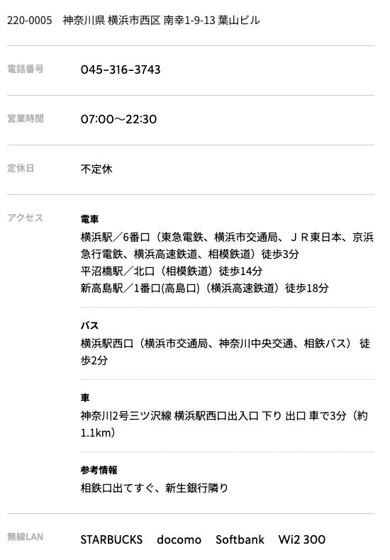 スターバックスコーヒー横浜西口店の公式店舗ページ。営業時間07:00〜22:30、横浜駅6番口から徒歩3分、参考情報「相鉄口出てすぐ、新生銀行隣り」、無線LANはSTARBUCKS・docomo・Softbank・Wi2 300の記載