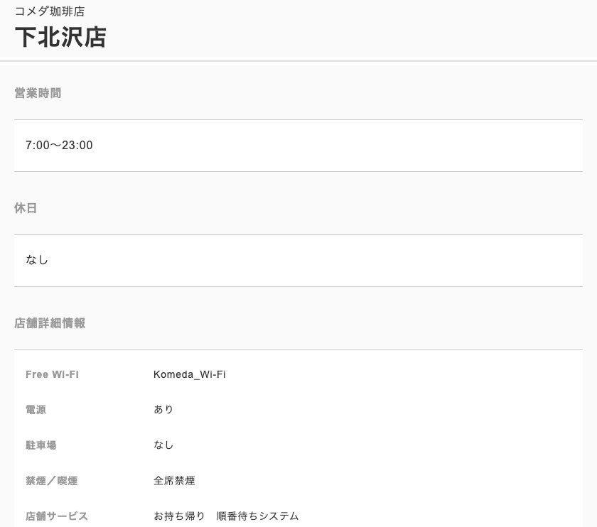 コメダ珈琲店 下北沢店の公式店舗ページ。営業時間7:00〜23:00、休日なし、Free Wi-Fi（Komeda_Wi-Fi）、電源あり、全席禁煙の記載