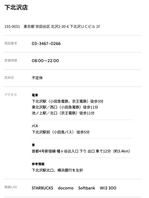 スターバックス 下北沢店の公式店舗ページ。住所（北沢2-30-6 下北沢UCビル 1F）、営業時間08:00〜22:00、アクセス、参考情報「下北沢駅北口、横浜銀行を左折」、無線LANの記載