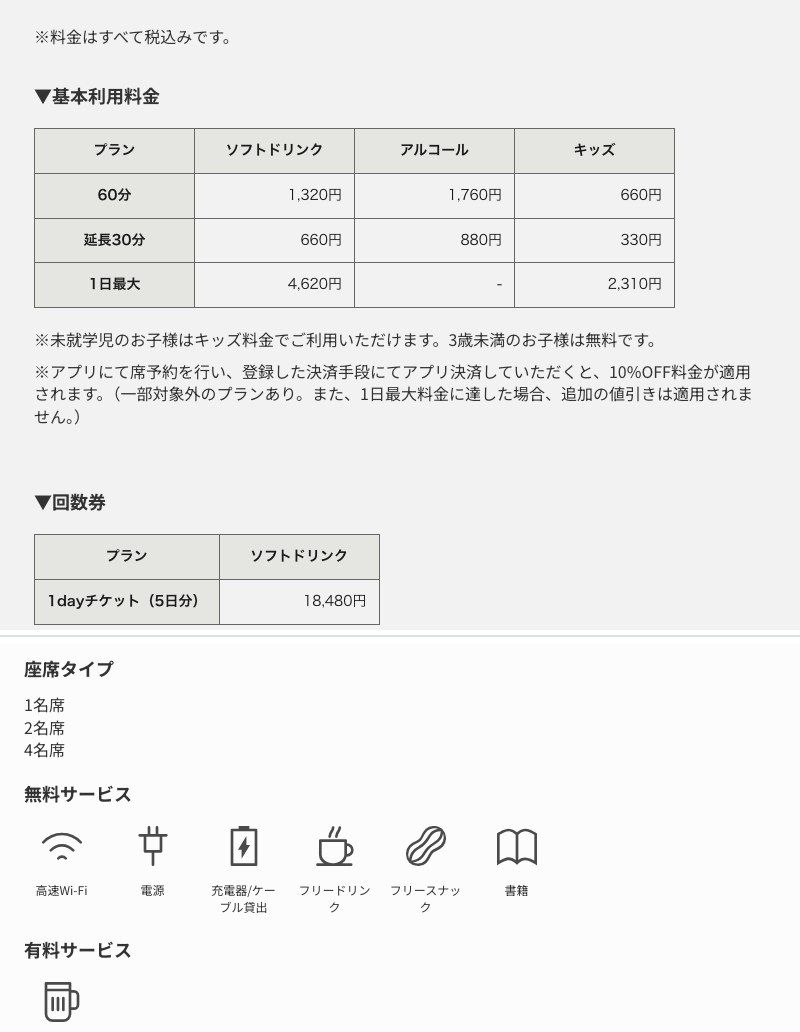 SHARE LOUNGE TSUTAYA BOOKSTORE 下北沢の公式ページ。基本利用料金（ソフトドリンク60分1,320円・延長30分660円・1日最大4,620円）と、無料サービス欄の高速Wi-Fi・電源・充電器/ケーブル貸出の記載