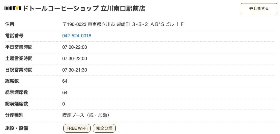 ドトールコーヒーショップ立川南口駅前店の公式店舗ページ。住所（柴崎町3-3-2 AB'Sビル1F）、平日07:00-22:00、土曜07:30-22:00、日祝07:30-21:30、総席数64（禁煙64）、施設・設備にFREE Wi-Fiと完全分煙の表示
