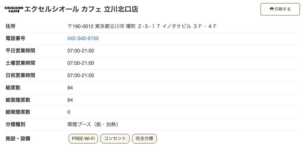 エクセルシオール カフェ立川北口店の公式店舗ページ。住所（曙町2-5-17 イノタケビル3F・4F）、全日07:00-21:00、総席数94（禁煙94・喫煙0）、喫煙ブース（紙・加熱）、施設・設備にFREE Wi-Fi・コンセント・完全分煙の表示