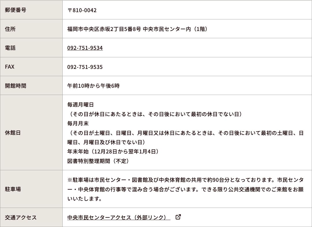福岡市総合図書館の公式サイトに掲載された中央図書館の情報。住所は福岡市中央区赤坂2丁目5番8号 中央市民センター内で、開館時間は午前10時から午後6時