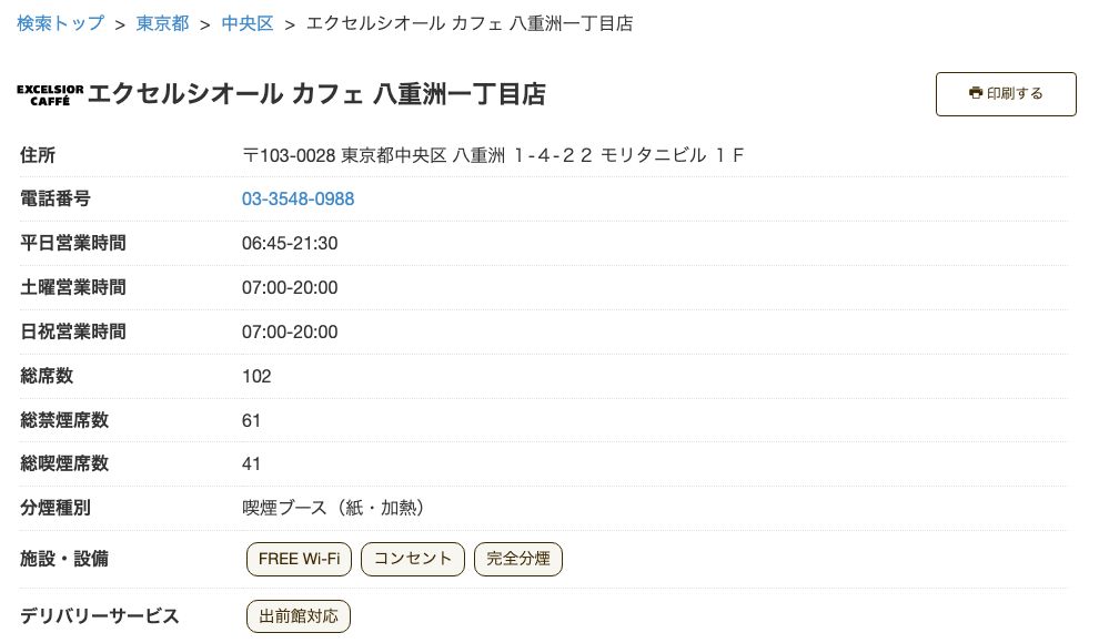 エクセルシオール カフェ八重洲一丁目店の公式店舗ページ。平日6:45-21:30、土日祝7:00-20:00の営業時間、総席数102席、FREE Wi-Fi／コンセントの表示